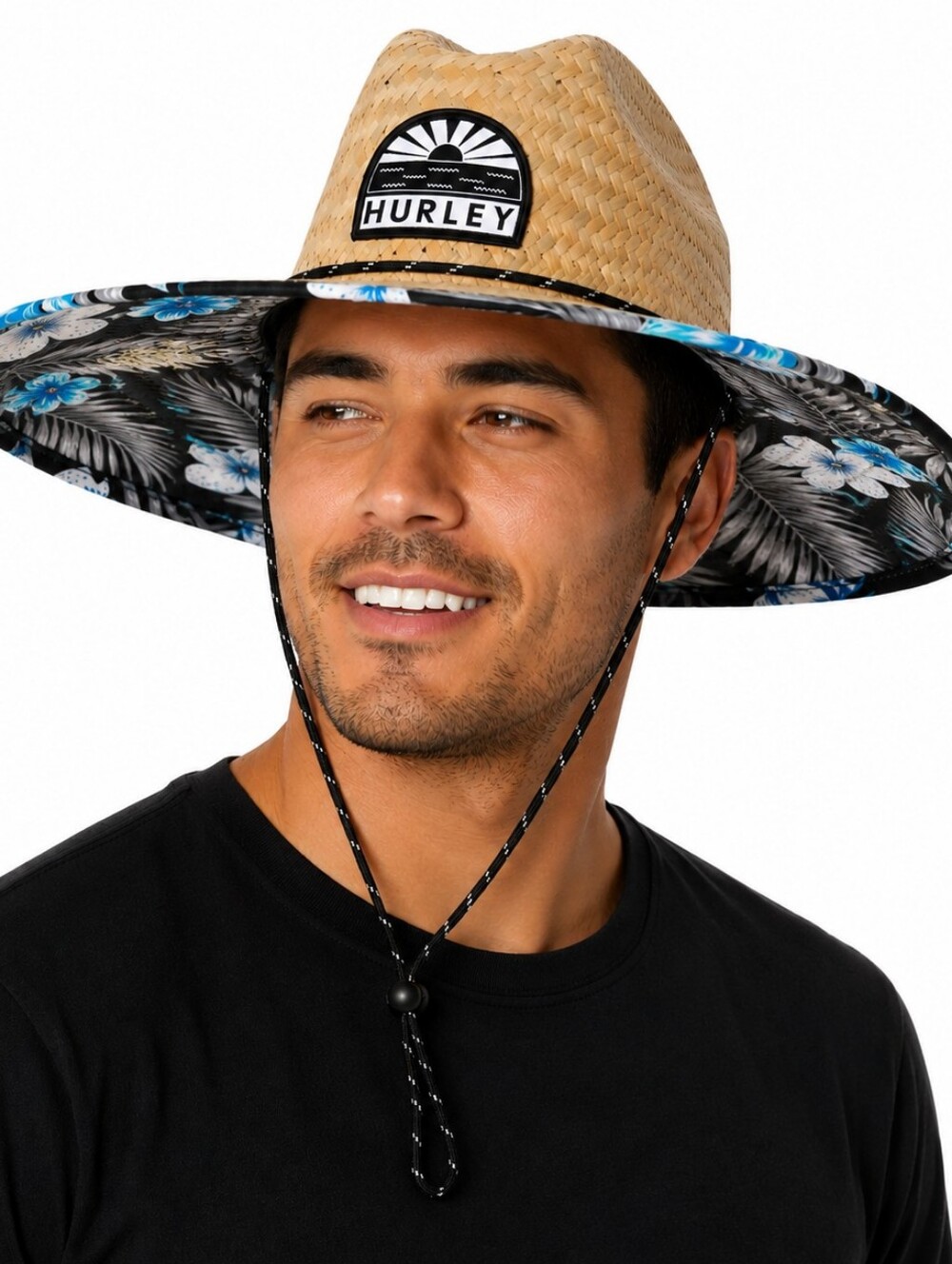 HURLEY Natural Straw Sun Hat with Black Logo and Blue Tropical Trim SIZE OS NWT